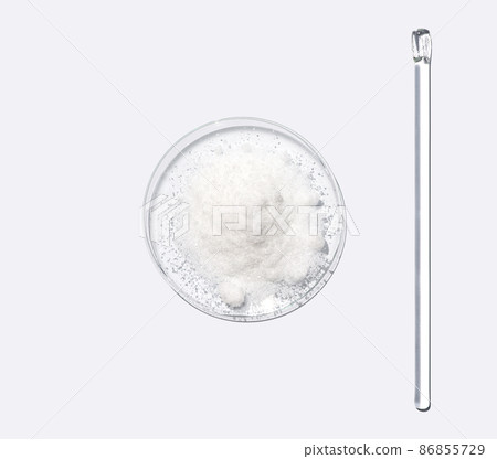Closeup chemical ingredient on white laboratory table. Di-Ammonium Prosphate in Chemical Watch Glass placed next to stirring rod. Top View 86855729
