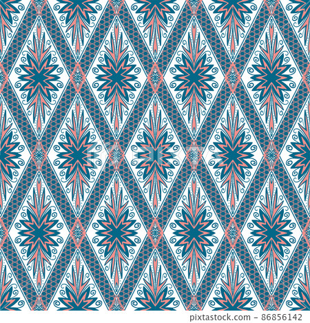 Pink Indigo Blue Flower on White. Geometric ethnic oriental pattern traditional Design for background,carpet,wallpaper,clothing,wrapping,Batik,fabric, vector illustration embroidery style Pink Indigo Blue Flower on White. Geometric ethnic oriental pattern traditional Design for background,carpet,wallpaper,clothing,wrapping,Batik,fabric, vector illustration embroidery style 86856142