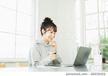 A woman holding a web conference by telework A woman holding a web conference by telework 86856408