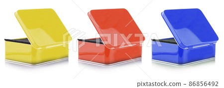 Set of Closed Empty colored metal box close-up isolated on white background Set of Closed Empty colored metal box close-up isolated on white background 86856492