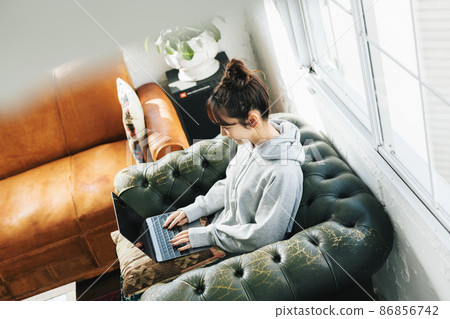 在家沙發上遠程工作的女人 在家沙發上遠程工作的女人 86856742
