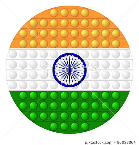 Glass light ball with flag of India. Round sphere, template icon. Indian national symbol. Glossy realistic ball, 3D vector illustration. Trendy antistress game pop it, simple dimple. Big bubble 86858864