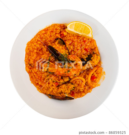 Appetizing seafood dish Paella with shrimp 86859325