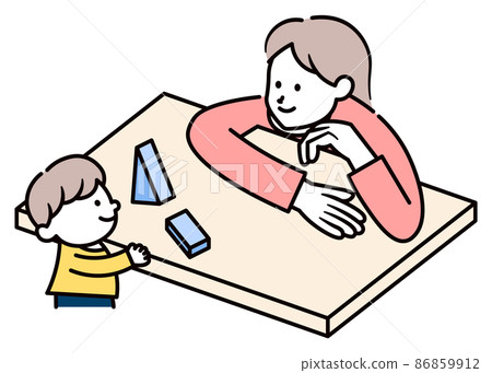 Illustration material of a child playing with blocks and a mother watching over 86859912