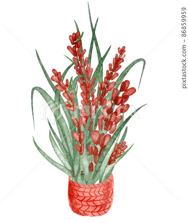 Red flowers lavanda and green grass in red basket hand drawn illustration isolated on white background 86859959