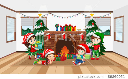 Room scene with children celebrating Christmas 86860051