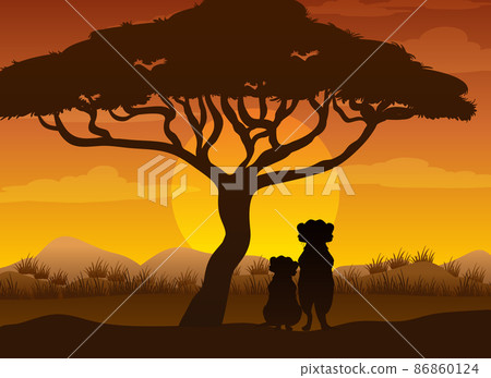 Meerkats silhouette at savanna forest Meerkats silhouette at savanna forest 86860124