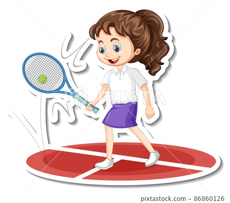 A girl playing tennis cartoon sticker A girl playing tennis cartoon sticker 86860126