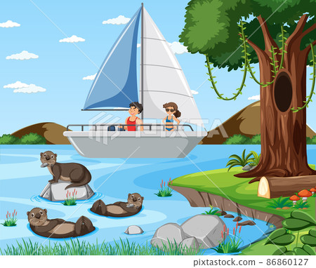 River forest scene with traveller on a sailboat River forest scene with traveller on a sailboat 86860127