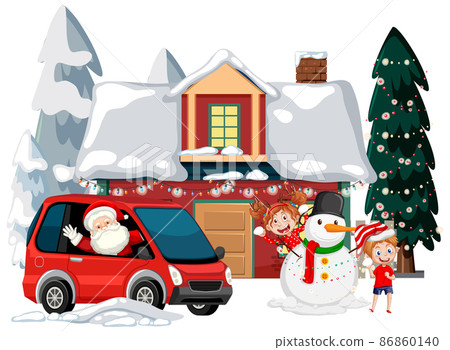 Santa Claus driving car with snow covered house Santa Claus driving car with snow covered house 86860140