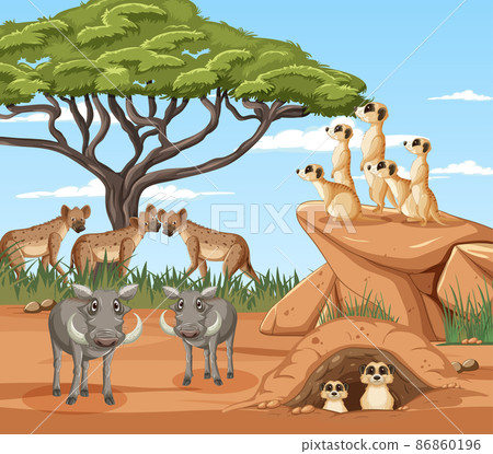 Wild animals in savanna forest scene Wild animals in savanna forest scene 86860196