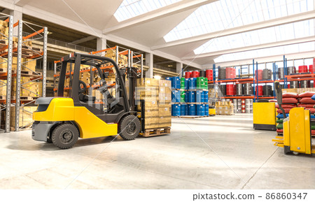 forklift with pallets inside a warehouse. 86860347