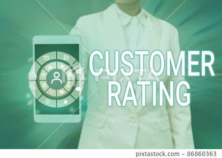 Conceptual caption Customer Rating. Word for Each point of the customers enhances the experience Lady Pressing Screen Of Mobile Phone Showing The Futuristic Technology Conceptual caption Customer Rating. Word for Each point of the customers enhances the experience Lady Pressing Screen Of Mobile Phone Showing The Futuristic Technology 86860363
