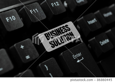Text sign showing Business Solution. Word for combination of ideas to help company achieve its objective Typing Daily Reminder Notes, Creating Online Writing Presentation 86860445