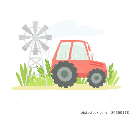 Gardening with Tractor and Windmill as Plant Cultivation and Agriculture Vector Illustration 86860518