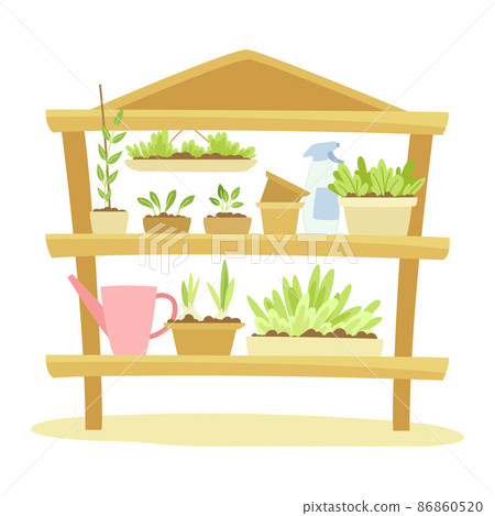 Gardening with Watering Can and Seedling in Pots on Wooden Shelf Racking as Plant Cultivation and Agriculture Vector Illustration Gardening with Watering Can and Seedling in Pots on Wooden Shelf Racking as Plant Cultivation and Agriculture Vector Illustration 86860520