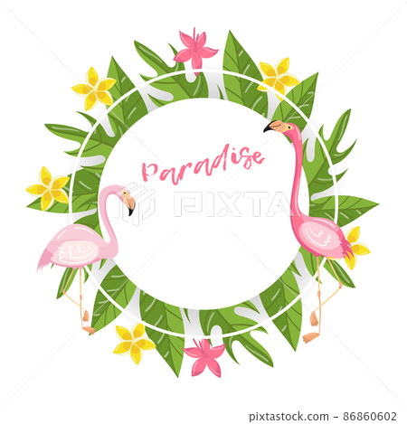 Paradise banner template with place for text, pink flamingo and green tropical leaves vector illustration Paradise banner template with place for text, pink flamingo and green tropical leaves vector illustration 86860602