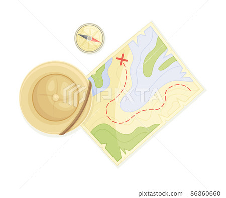 Expedition Map Depicting Geography and Route of Tourist Journey with Compass and Hat Vector Illustration Expedition Map Depicting Geography and Route of Tourist Journey with Compass and Hat Vector Illustration 86860660