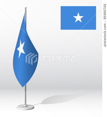 SOMALIA flag on flagpole for registration of solemn event, meeting foreign guests. SOMALIA National independence day. Realistic 3D vector on white SOMALIA flag on flagpole for registration of solemn event, meeting foreign guests. SOMALIA National independence day. Realistic 3D vector on white 86860788