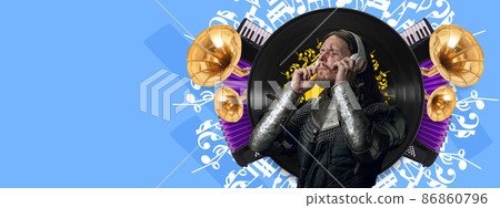 Contemporary art collage. Idea, inspiration, aspiration and creativity. Brutal medieval warrior in headphones on bright neon background. Concept of comparison of eras, music Contemporary art collage. Idea, inspiration, aspiration and creativity. Brutal medieval warrior in headphones on bright neon background. Concept of comparison of eras, music 86860796