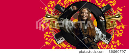 Beautiful medieval lady warrior in headphones on bright neon background. Contemporary art collage. Concept of comparison of eras, music Beautiful medieval lady warrior in headphones on bright neon background. Contemporary art collage. Concept of comparison of eras, music 86860797