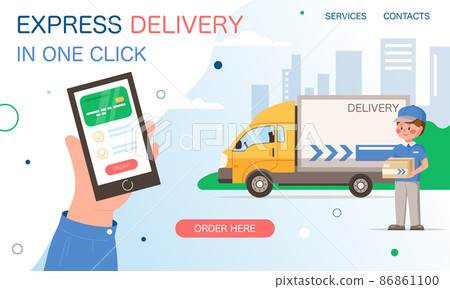 Express delivery vector banner. Online shipping services banner background with delivery van and mobile application. Delivery courier with parcel on vector illustration concept. Express delivery vector banner. Online shipping services banner background with delivery van and mobile application. Delivery courier with parcel on vector illustration concept. 86861100