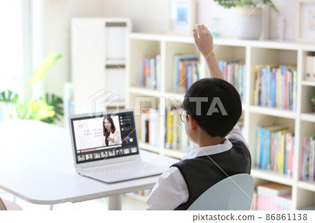 男孩在與筆記本電腦上的老師一起教授在線課程時舉手 男孩在與筆記本電腦上的老師一起教授在線課程時舉手 86861138