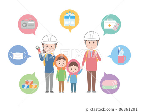 Family preparing for disaster prevention Family preparing for disaster prevention 86861291