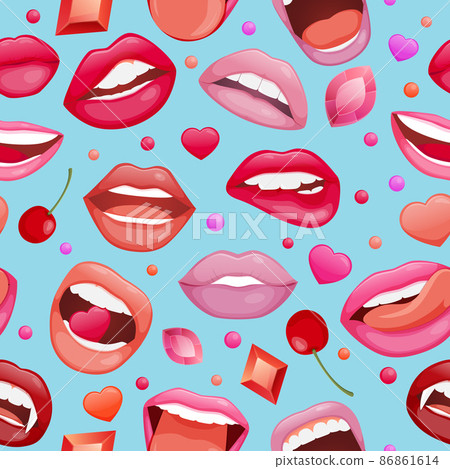 Seamless pattern with womans lips. Glossy smiling mouth that kiss and show tongue, teeth. Pop art style lips Seamless pattern with womans lips. Glossy smiling mouth that kiss and show tongue, teeth. Pop art style lips 86861614
