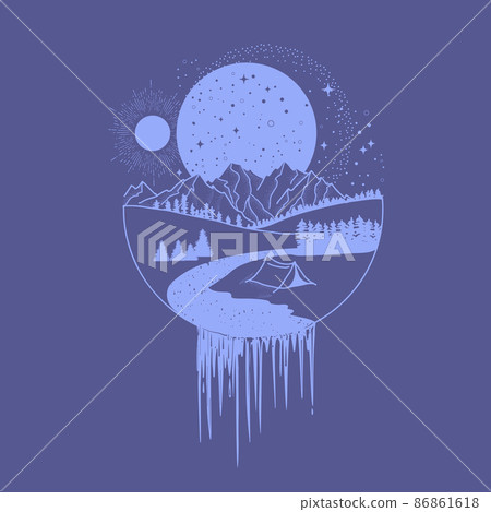 Mountain landscape under a fantastic starry sky in very peri color. 86861618