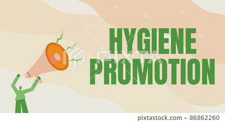 Handwriting text Hygiene Promotion. Business approach systematic program to prevent related disease with sanitation Illustration Of A Man Pointing Away Holding Megaphone Making New Announcement. 86862260
