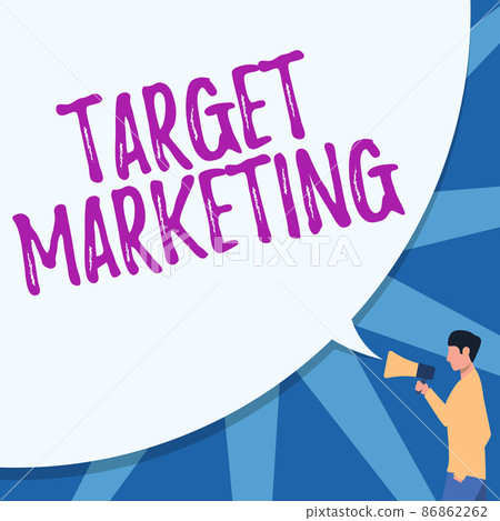 Text sign showing Target Marketing. Conceptual photo Market Segmentation Audience Targeting Customer Selection Man Drawing Hand In Pocket Holding Megaphone With Large Speech Bubble. 86862262
