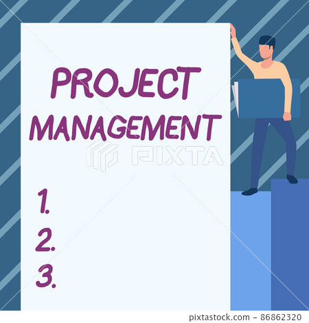 Text caption presenting Project Management. Word for Application Process Skills to Achieve Objectives and Goal Man Standing Carrying Large Notebook While Showing Big Whiteboard. Text caption presenting Project Management. Word for Application Process Skills to Achieve Objectives and Goal Man Standing Carrying Large Notebook While Showing Big Whiteboard. 86862320