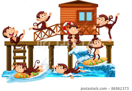 Wooden pier with many monkeys doing different activities Wooden pier with many monkeys doing different activities 86862373