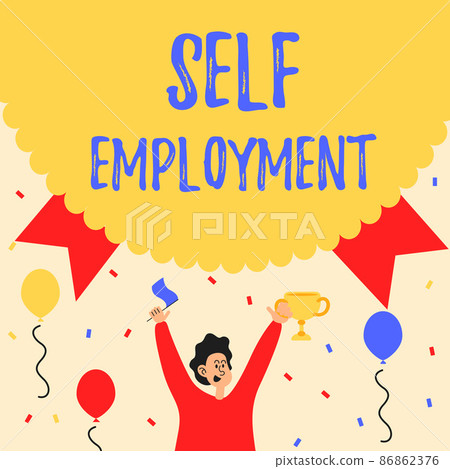 Text sign showing Self Employment. Word for working for oneself as a freelance or the owner of a busines Man Holding Trophy Celebrating Performance Surrounded With Balloons. 86862376