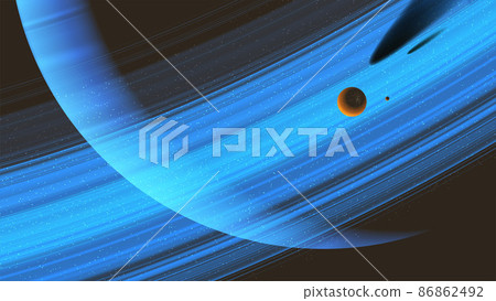 a giant ring planet with an orbiting moon. a giant ring planet with an orbiting moon. 86862492
