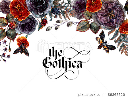 Watercolor Floral Gothic Background Isolated on White Background. 86862520