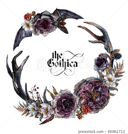 Watercolor Floral Gothic Wreath Isolated on White Background. 86862712