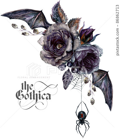 Watercolor Floral Gothic Arrangement Isolated on White Background. 86862713