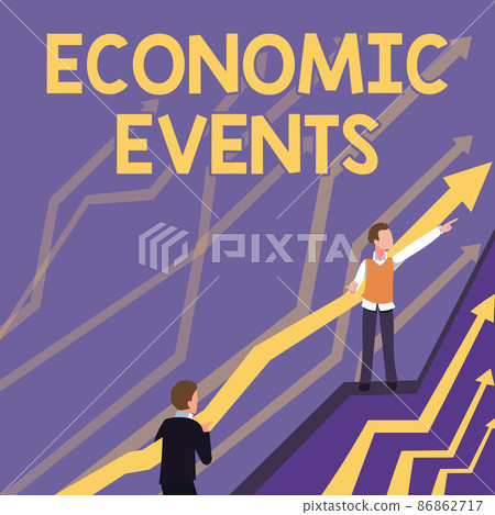 Text sign showing Economic Events. Business approach transfer of control of an economic resource to another party Arrows Guiding Two Collaborating Businessmen Towards Better Financial Plan 86862717