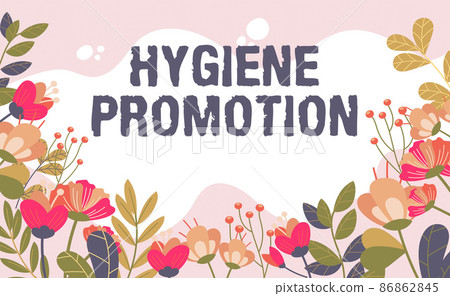 Hand writing sign Hygiene Promotion. Word Written on systematic program to prevent related disease with sanitation Text Frame Surrounded With Assorted Flowers Hearts And Leaves. 86862845