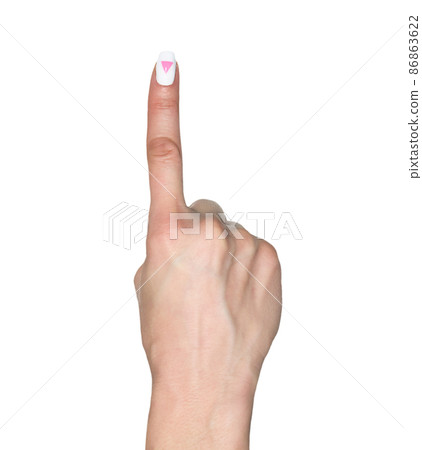 Pointing gesture. Female hand shows index finger with rose triangle manicure. Symbol of lesbian, gay, bisexual, transgender and queer pride isolated on white background. 86863622