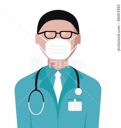 A doctor with a face mask and a stethoscope in a green apron A doctor with a face mask and a stethoscope in a green apron 86863985