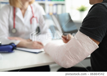 A man with a broken arm is sitting at the doctor, blurry 86864542