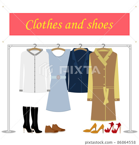 Women's clothes hanging on hangers and metal rack with shoes set. Banner for text and ad. Autumn, winter, spring, summer collection. Vector illustration. Flat design. Red and black shoes. 86864558