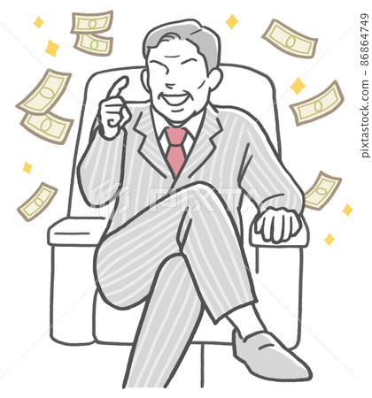 A middle-aged man who is a rich businessman who talks proudly with his legs crossed, and a dancing bill 86864749