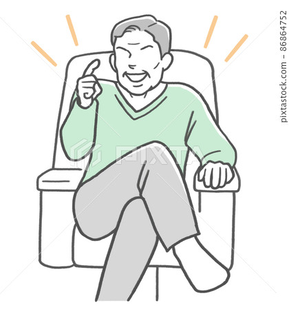 A middle-aged man sitting on the couch with his legs crossed and talking proudly 86864752