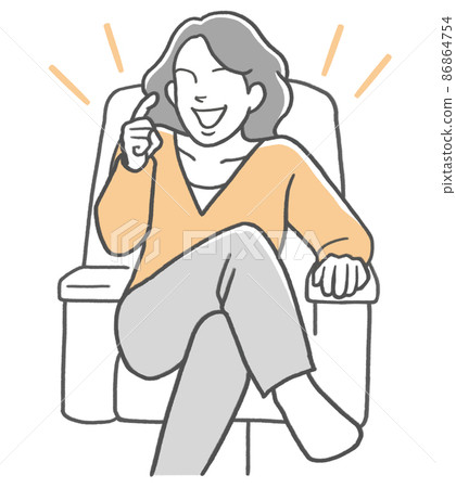 A woman sitting on the sofa with her legs crossed and talking proudly 86864754