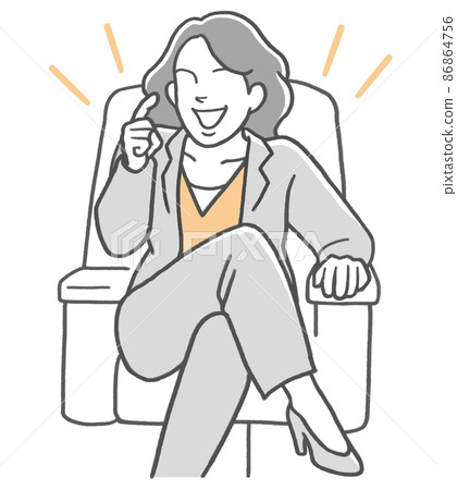 A business person woman who sits on the sofa with her legs crossed and speaks proudly 86864756