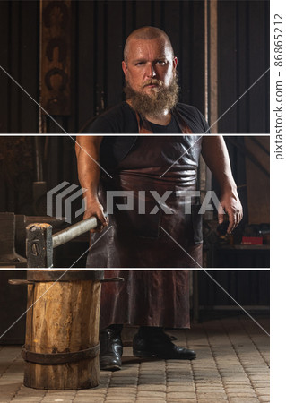 Composite image with portrait of bearded man, blacksmith working at modern family smithy. Concept of labor, retro professions, power, beauty. Creative collage 86865212